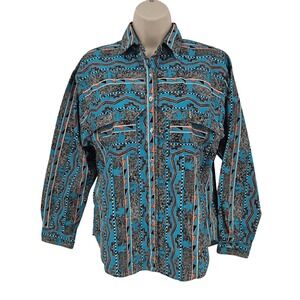 VTG‎ Roughrider Shirt Men M Turquoise Aztec Western Snap USA 90s Cowboy Rodeo